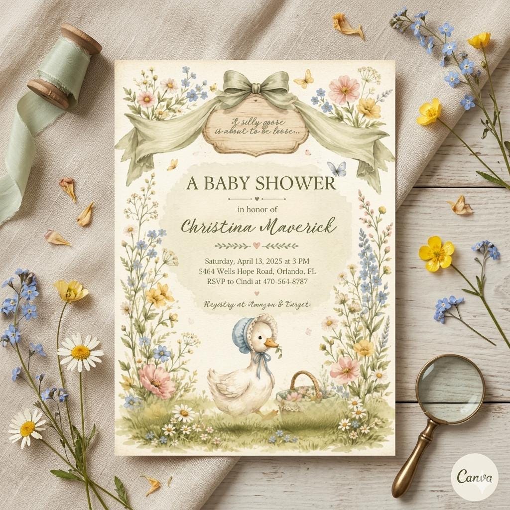 Silly Goose Baby Shower Invitation, Editable Canva Template (Digital Download)