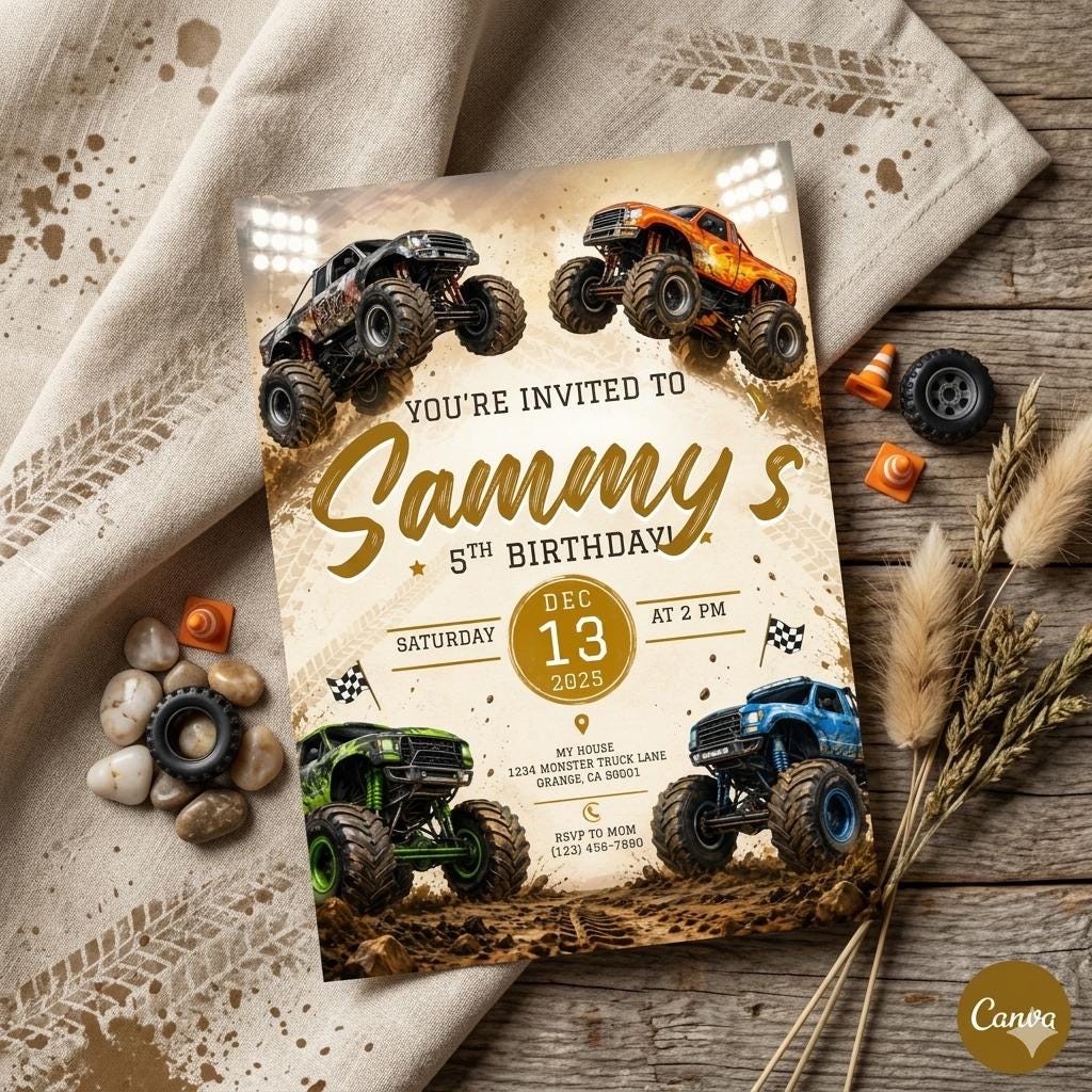 Monster Truck Birthday Invitation: Editable Canva Template (Digital Download)