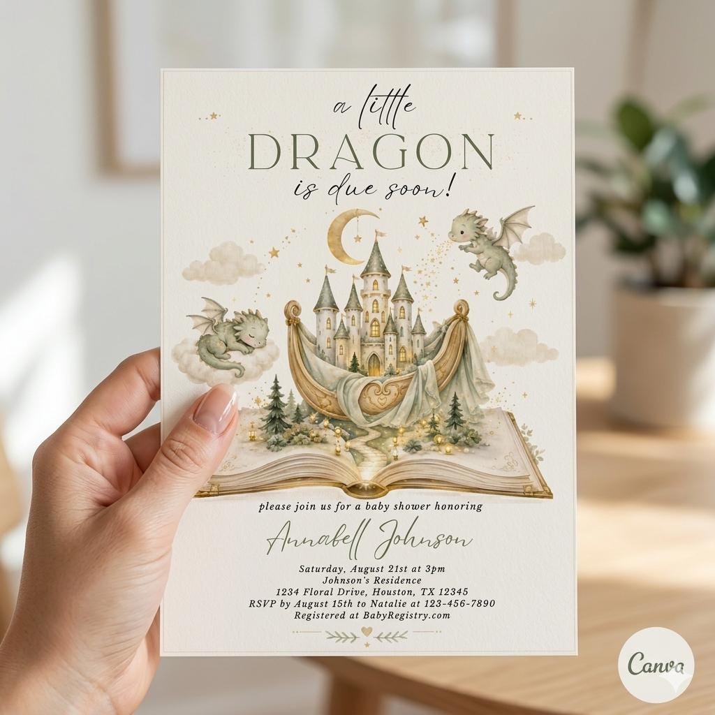 Editable Dragon Baby Shower Invitation Template, A Little Dragon Baby Shower Invite, Gender Neutral, Editable Template (Digital Download)