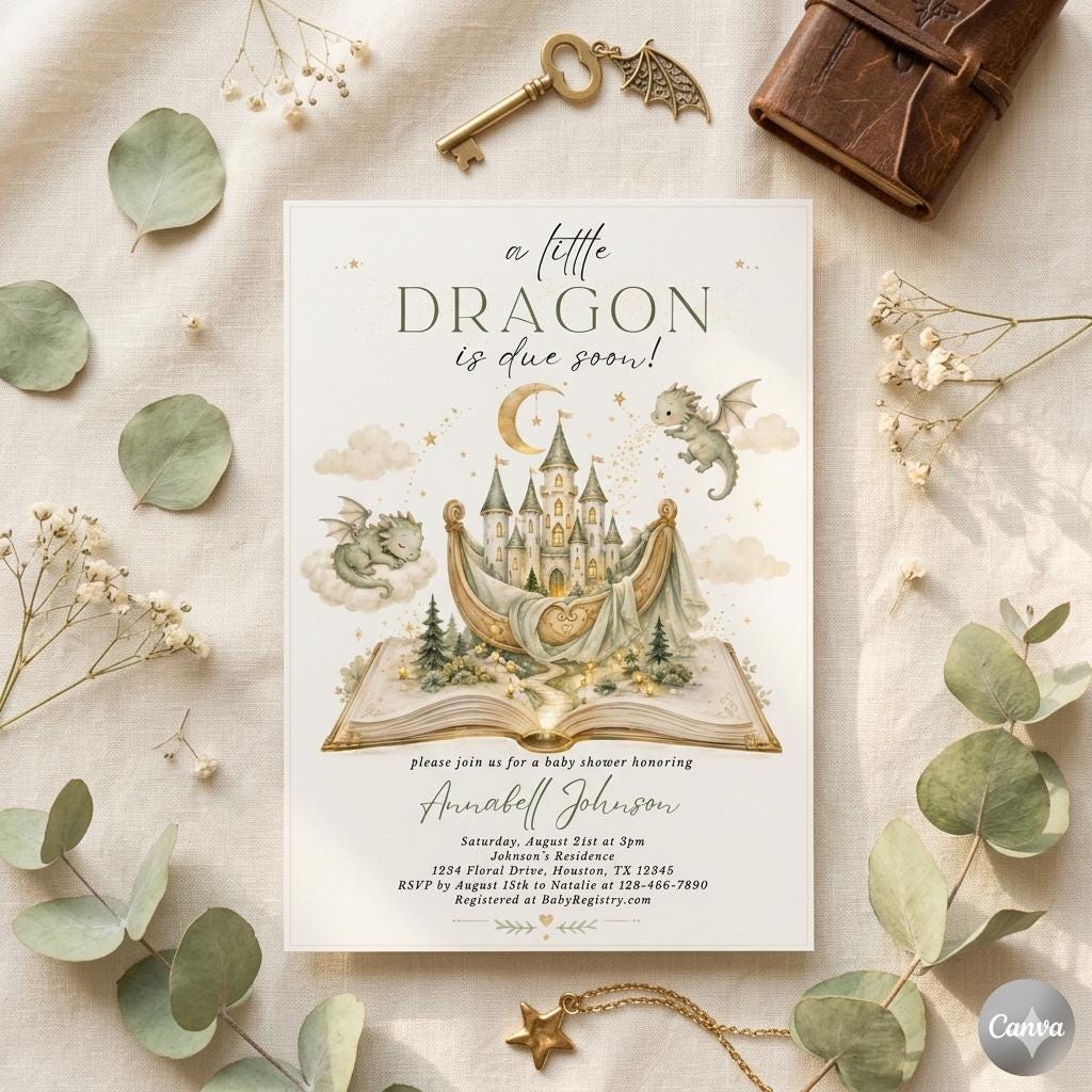 Editable Dragon Baby Shower Invitation Template, A Little Dragon Baby Shower Invite, Gender Neutral, Editable Template (Digital Download)