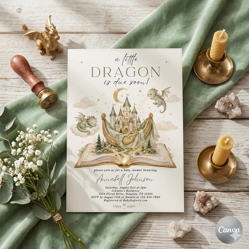 Editable Dragon Baby Shower Invitation Template, A Little Dragon Baby Shower Invite, Gender Neutral, Editable Template (Digital Download)