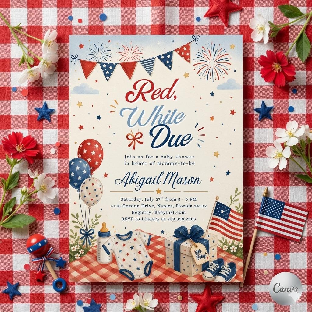 Red White and Due Baby Shower Invitation, 4th of July Baby Shower Invite, Patriotic Baby Shower, Summer Baby Shower (Editable Canva)