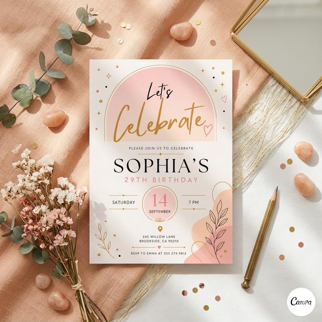 Let's Celebrate Birthday Invitation, Confetti Birthday Invitation Template, Editable Canva Template