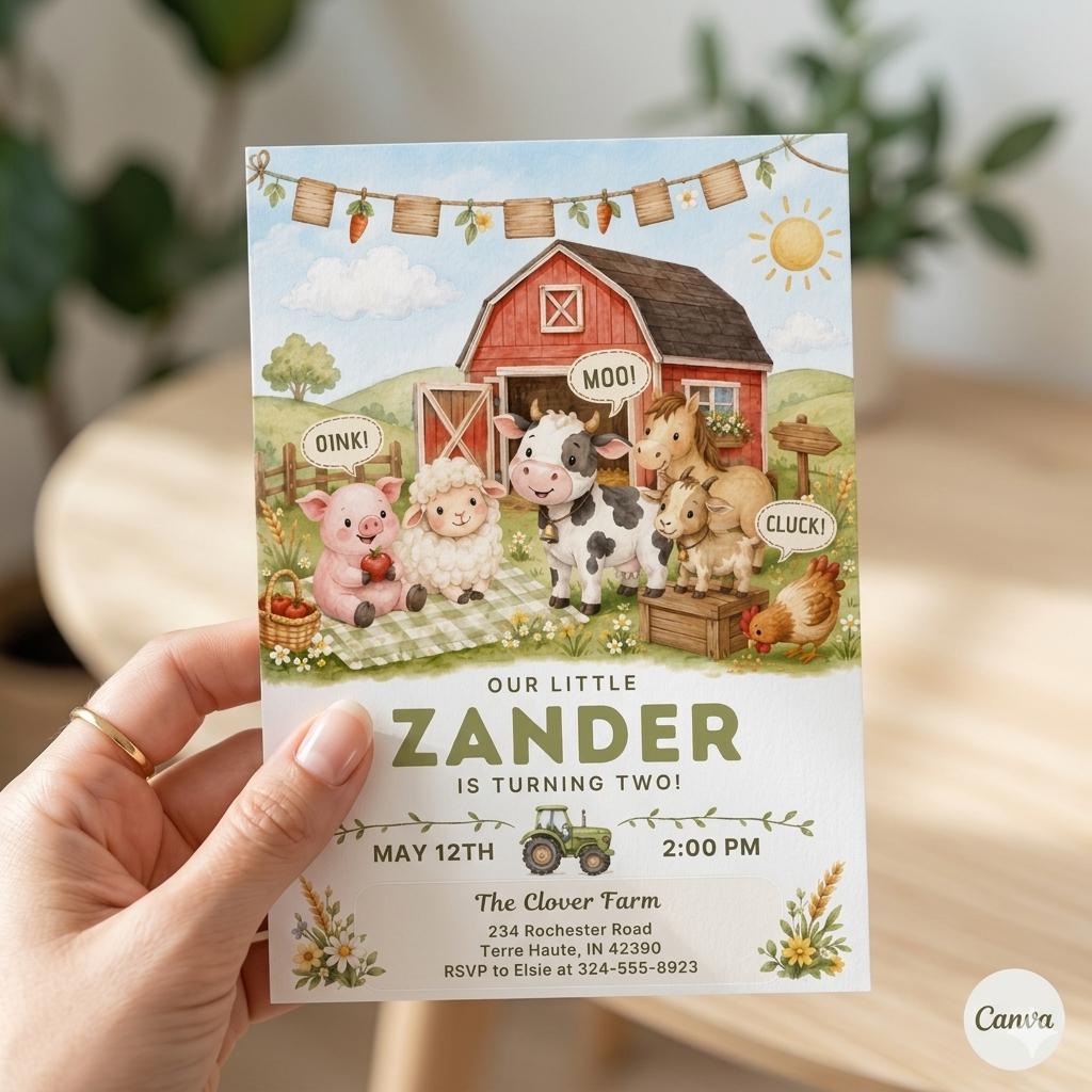 Farm Birthday Invitation: Barn Animals Bday Invite , Gender Neutral , Tractor, Cows, Horses Digital or Printed Template (Digital Download)