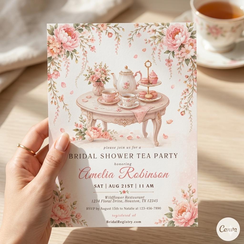 Tea Party Bridal Shower Invitation, Floral Bridal Shower Invitation, Tea Party Invitation, Printed or Digital Invitation