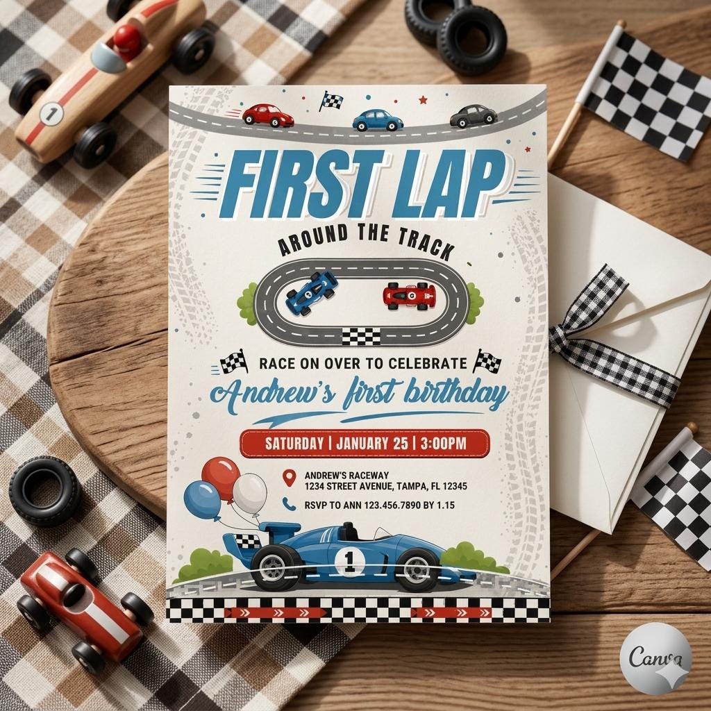 Race Car First Birthday Invitation: First Lap Around the Track, 1st Birthday, Printed or Instant Editable Template (Digital Download)