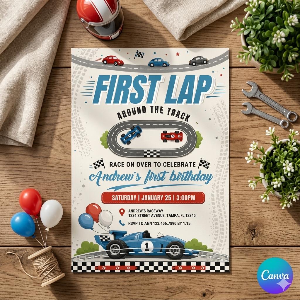 Race Car First Birthday Invitation: First Lap Around the Track, 1st Birthday, Printed or Instant Editable Template (Digital Download)