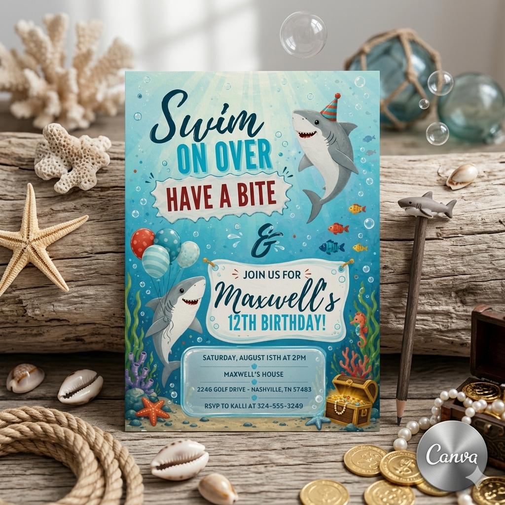 Shark Birthday Invitation: hark Birthday Invitation , Ocean Summer theme Editable Canva Template (Digital Download)