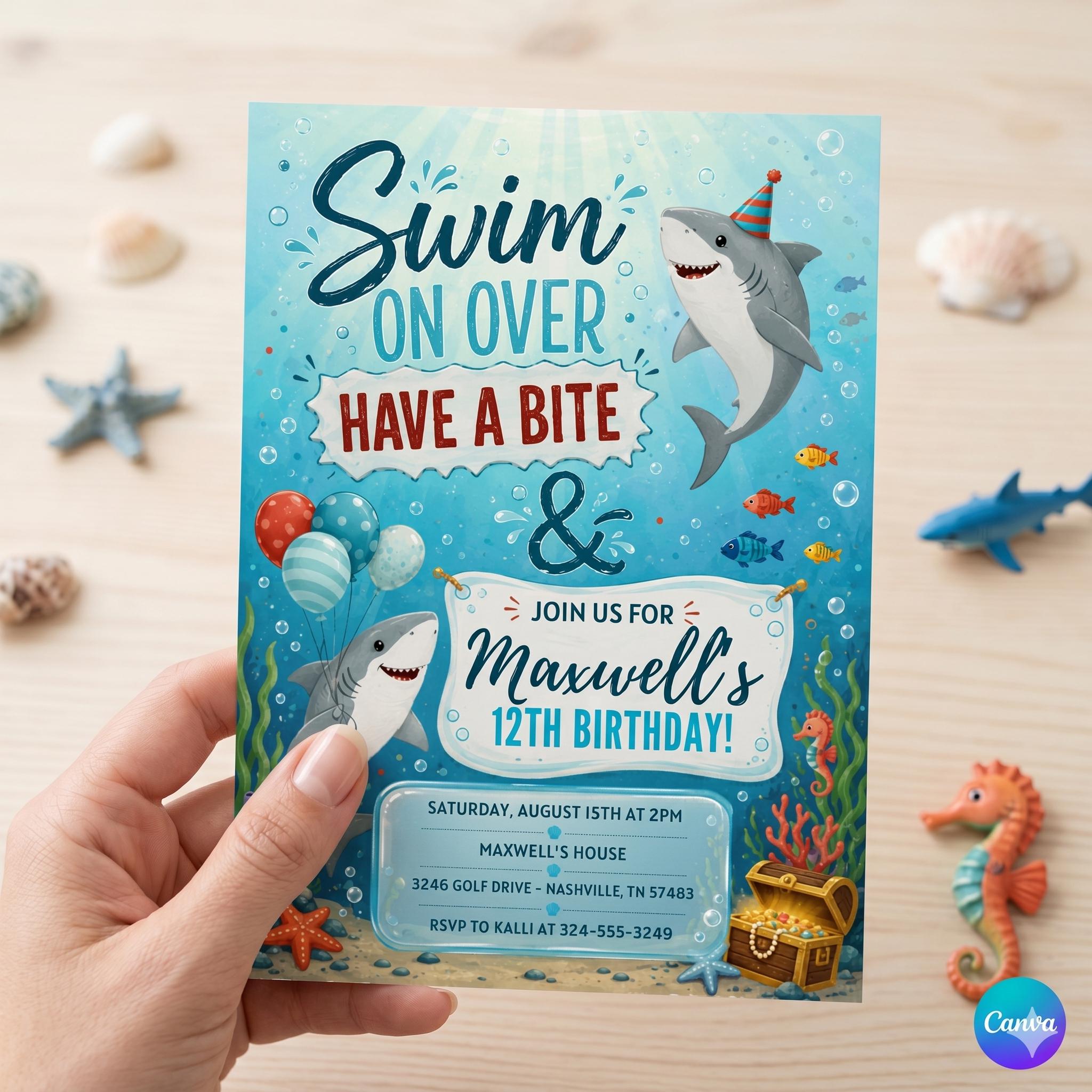 Shark Birthday Invitation: hark Birthday Invitation , Ocean Summer theme Editable Canva Template (Digital Download)
