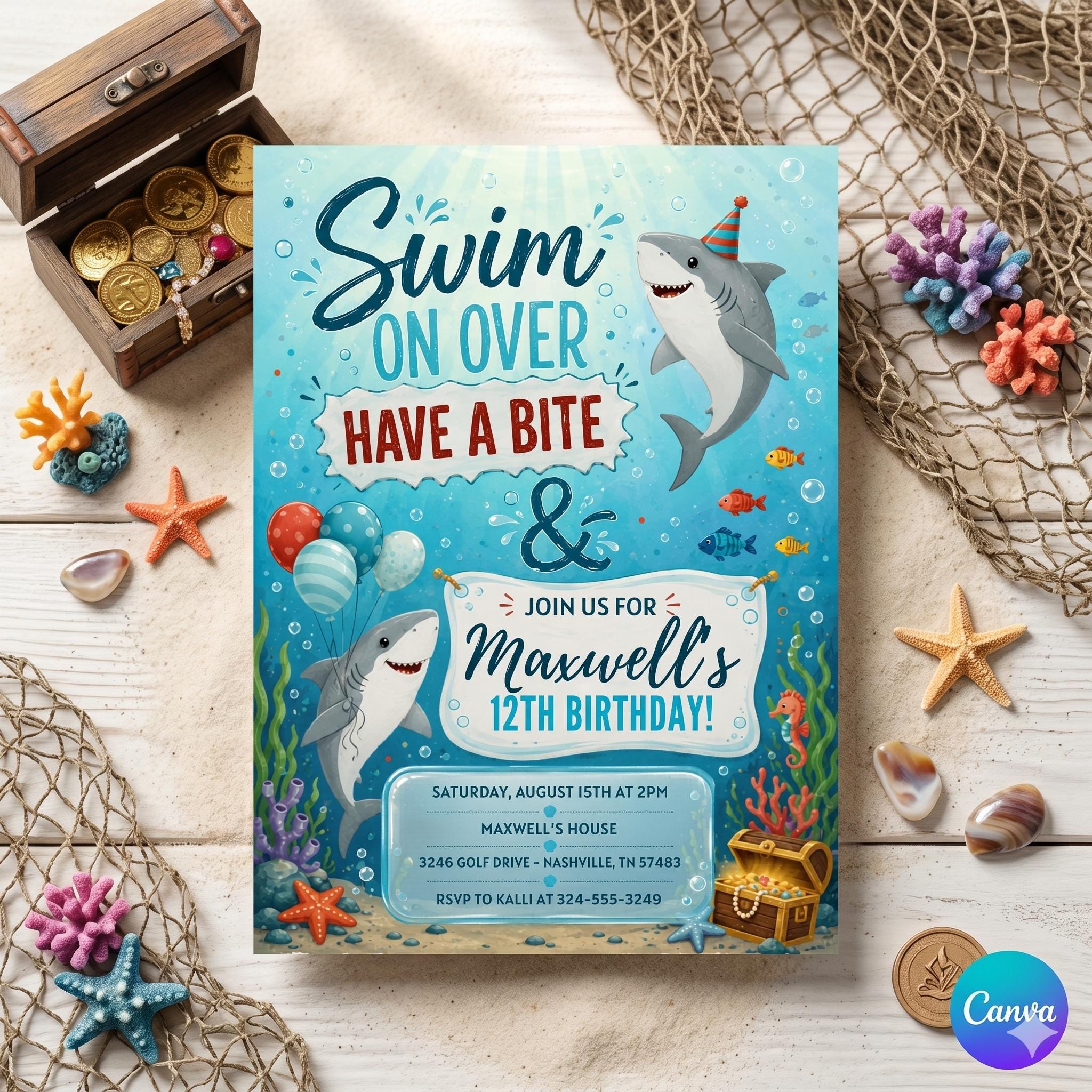 Shark Birthday Invitation: hark Birthday Invitation , Ocean Summer theme Editable Canva Template (Digital Download)