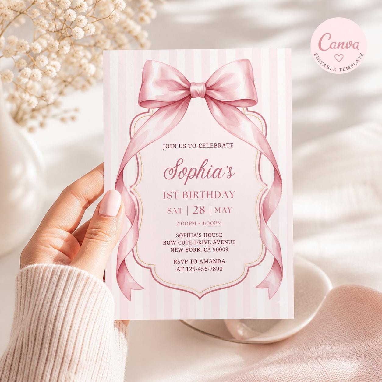 Pink Bow Birthday Invitation, Girl Ribbon , Pink Bow Girls Birthday Invitation , Birthday Invite, Party Invite, Girls Birthday Invitation
