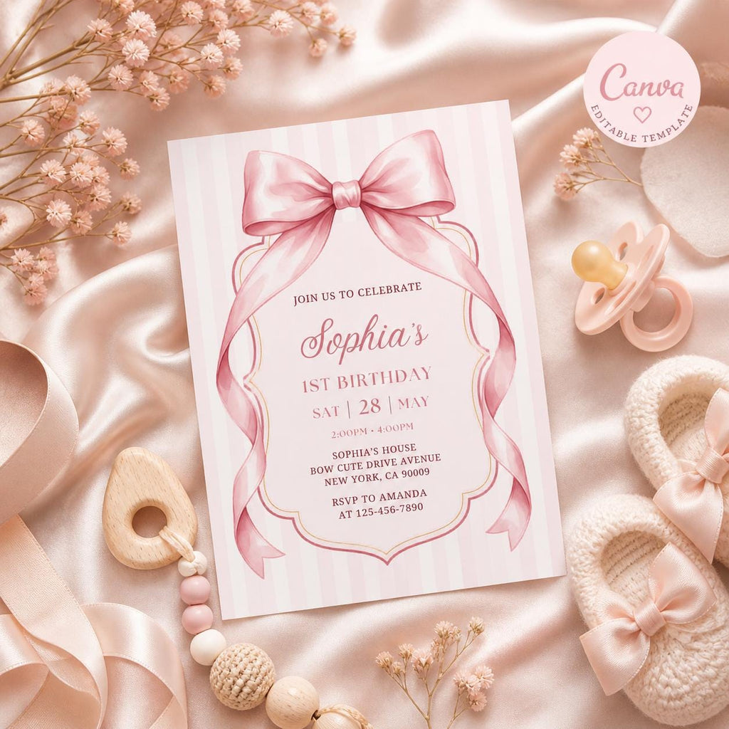 Pink Bow Birthday Invitation, Girl Ribbon , Pink Bow Girls Birthday Invitation , Birthday Invite, Party Invite, Girls Birthday Invitation