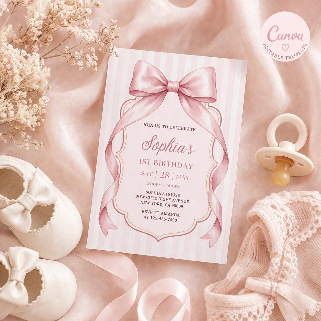 Pink Bow Birthday Invitation, Girl Ribbon , Pink Bow Girls Birthday Invitation , Birthday Invite, Party Invite, Girls Birthday Invitation
