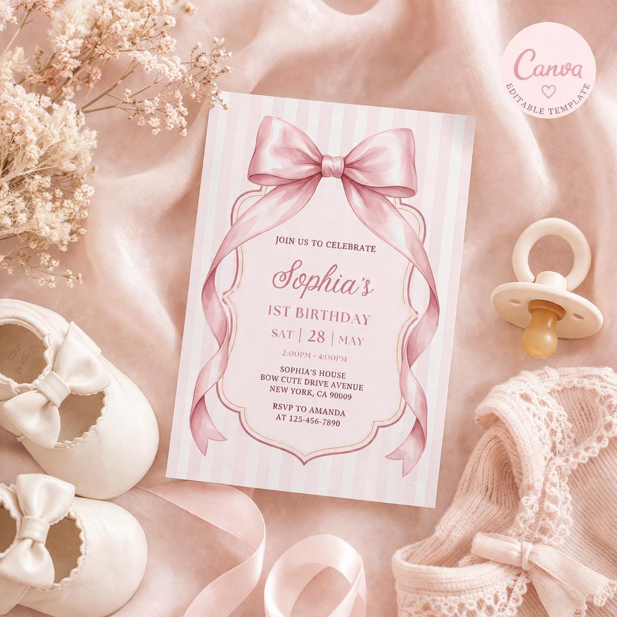 Pink Bow Birthday Invitation, Girl Ribbon , Pink Bow Girls Birthday Invitation , Birthday Invite, Party Invite, Girls Birthday Invitation