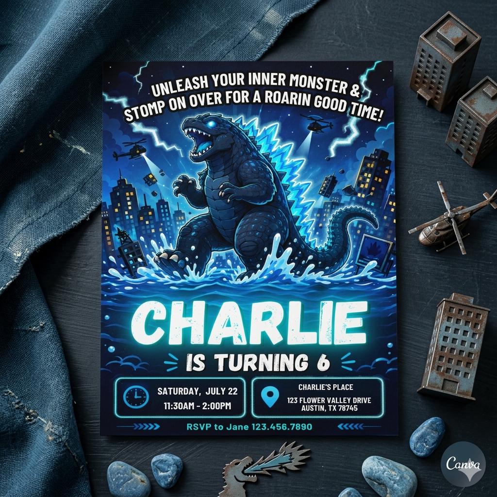 Godzilla Birthday Invitation , Editable Digital Template , Monster Party Invite Godzilla Themed Party (Digital Download)