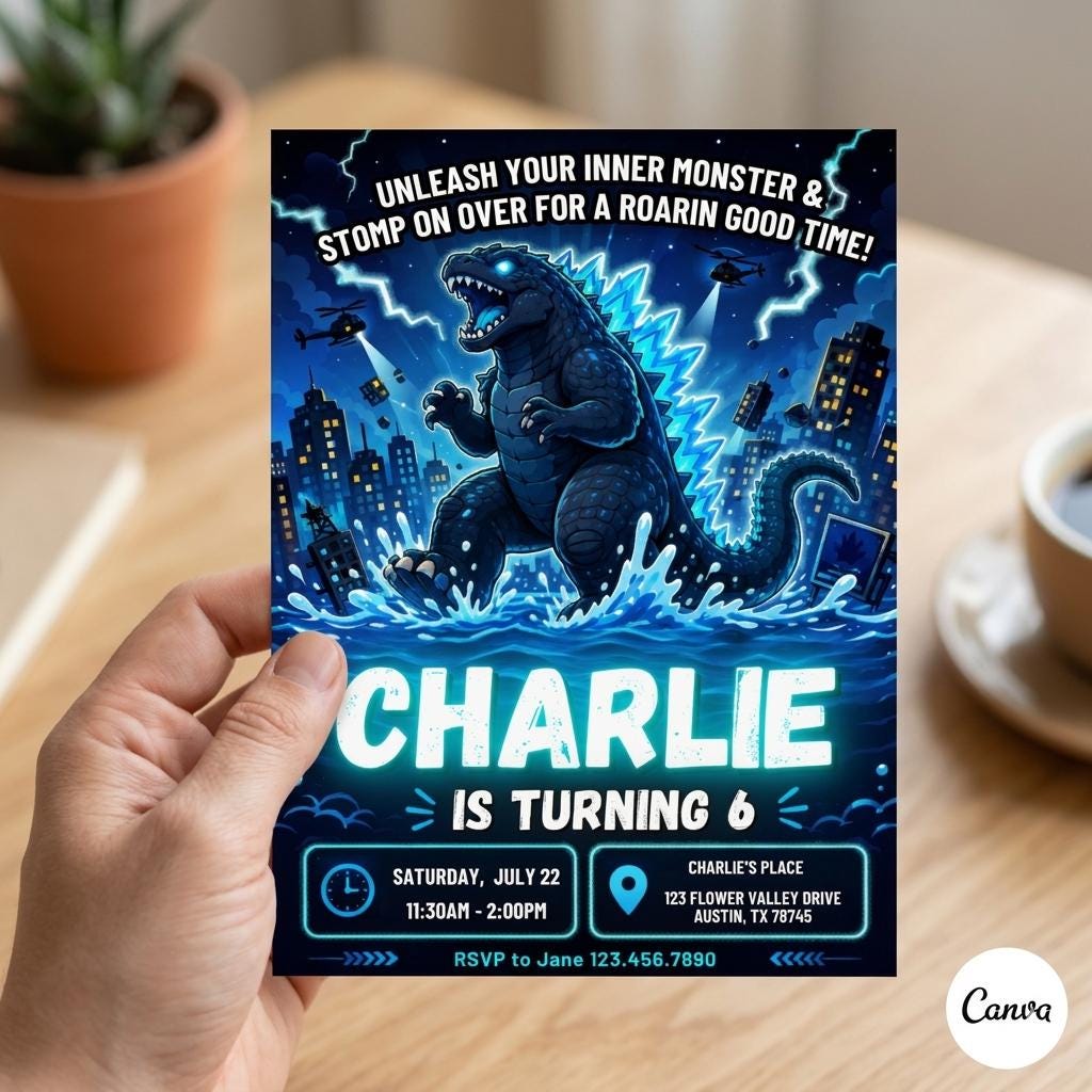 Godzilla Birthday Invitation , Editable Digital Template , Monster Party Invite Godzilla Themed Party (Digital Download)