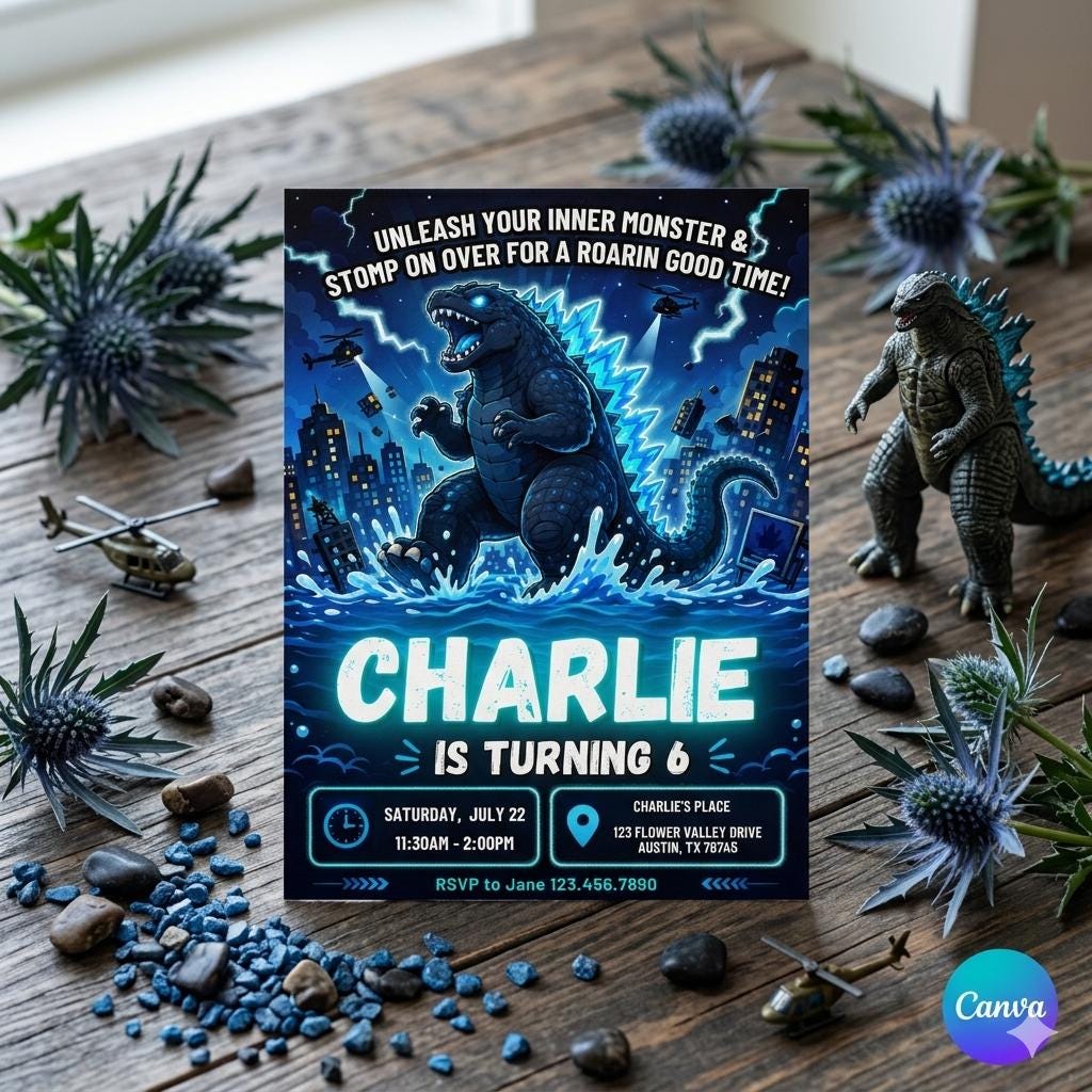 Godzilla Birthday Invitation , Editable Digital Template , Monster Party Invite Godzilla Themed Party (Digital Download)