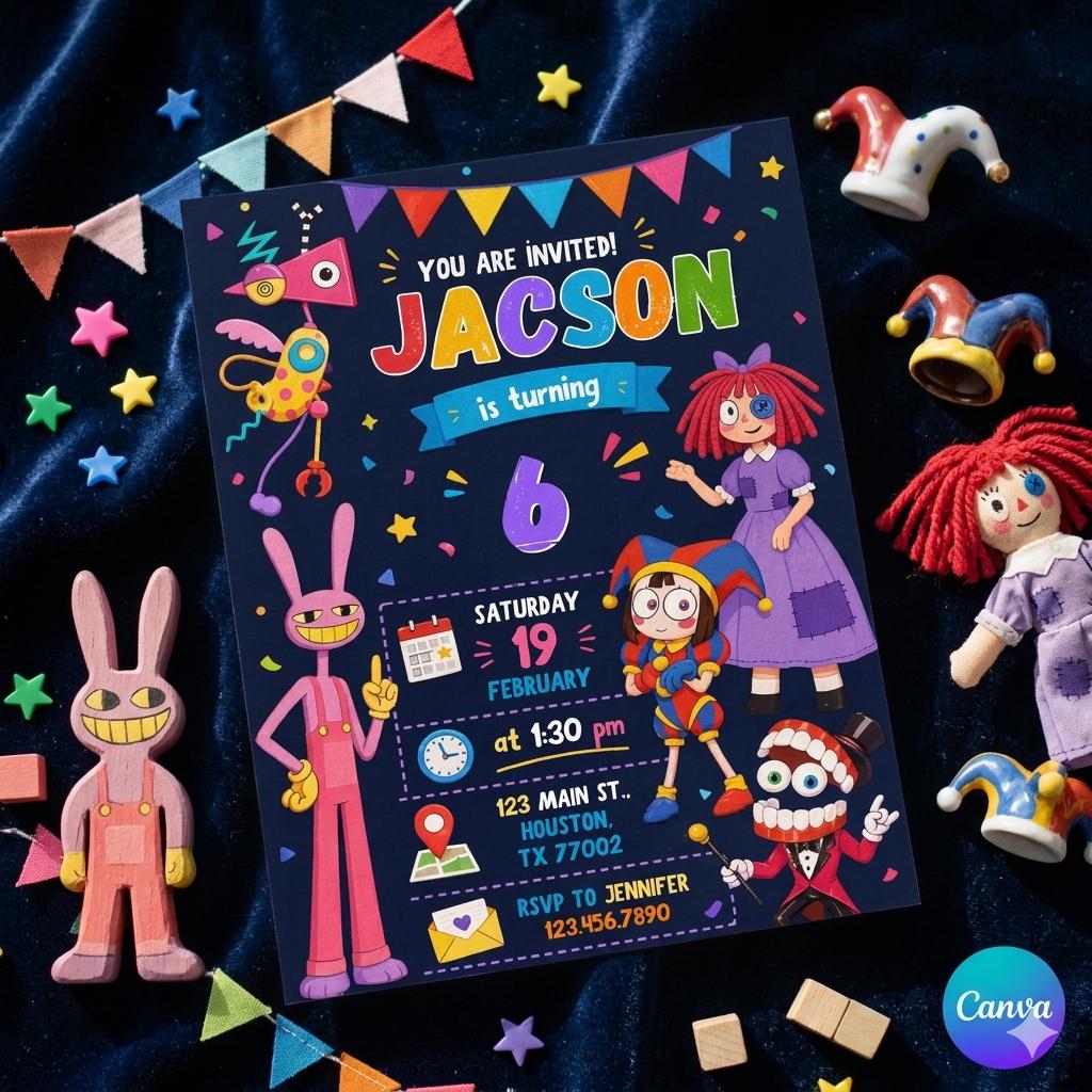 Amazing Digital Circus invitation, printable editable Digital Circus party invite, birthday party celebration template download