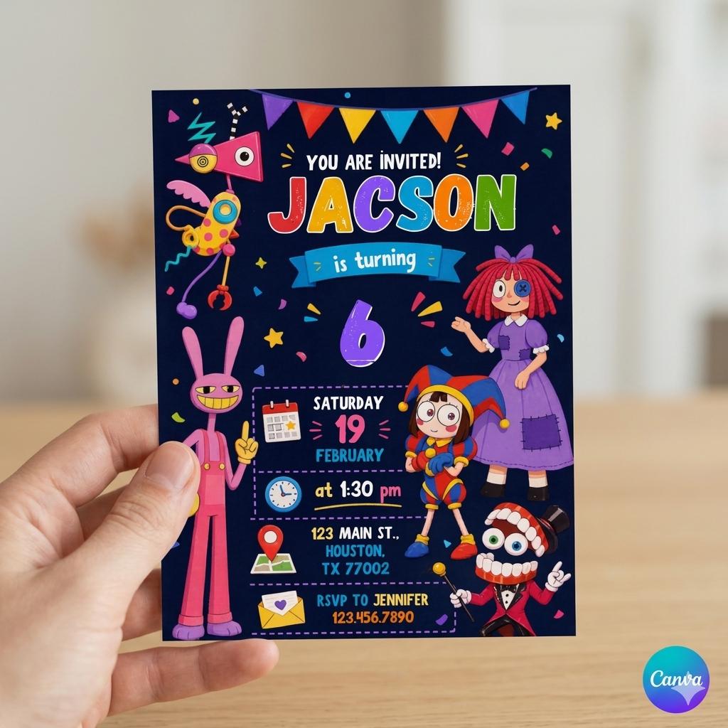 Amazing Digital Circus invitation, printable editable Digital Circus party invite, birthday party celebration template download