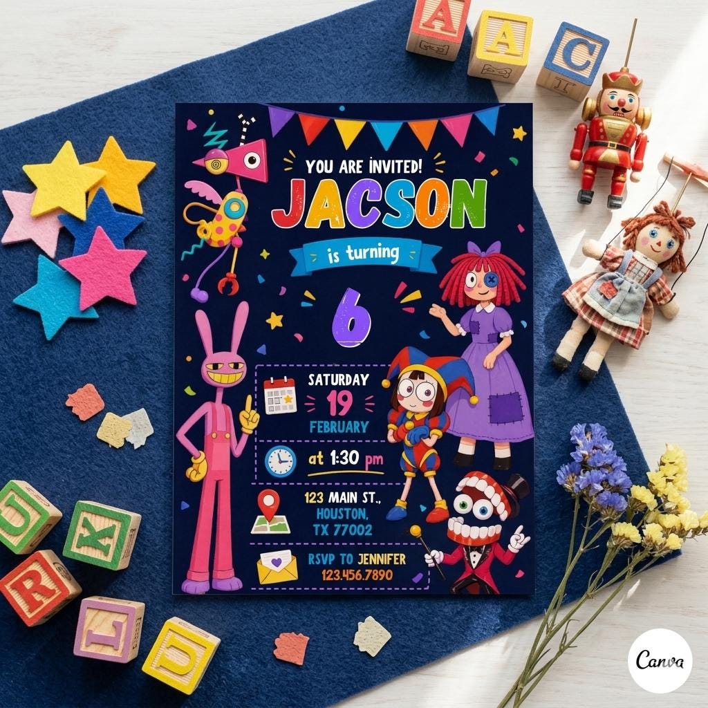 Amazing Digital Circus invitation, printable editable Digital Circus party invite, birthday party celebration template download