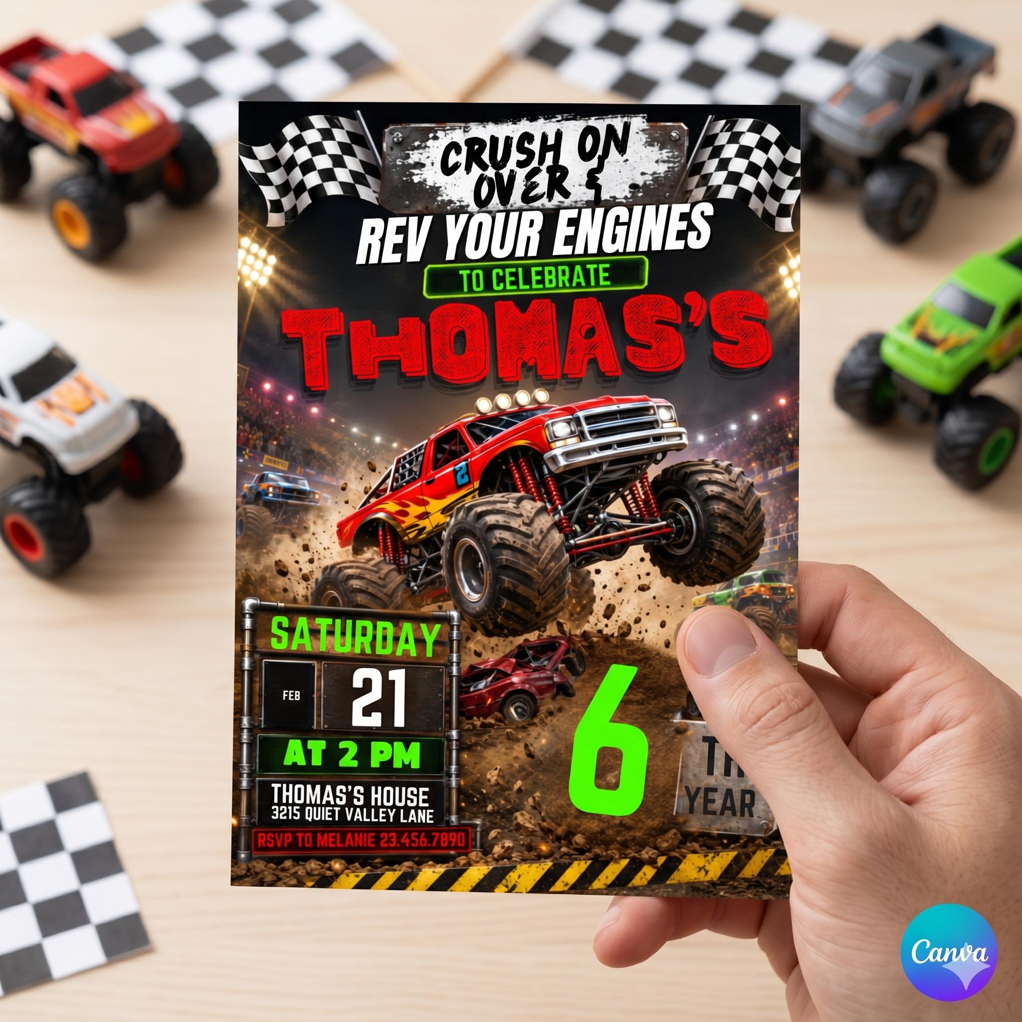 Monster Truck Birthday Invitation, Editable Boom Crash Monster, Bash Printable Invite, Trucks Birthday Template Boys Jam, any age, Canva