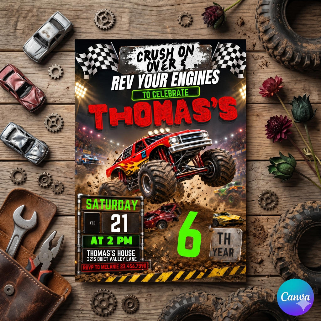Monster Truck Birthday Invitation, Editable Boom Crash Monster, Bash Printable Invite, Trucks Birthday Template Boys Jam, any age, Canva