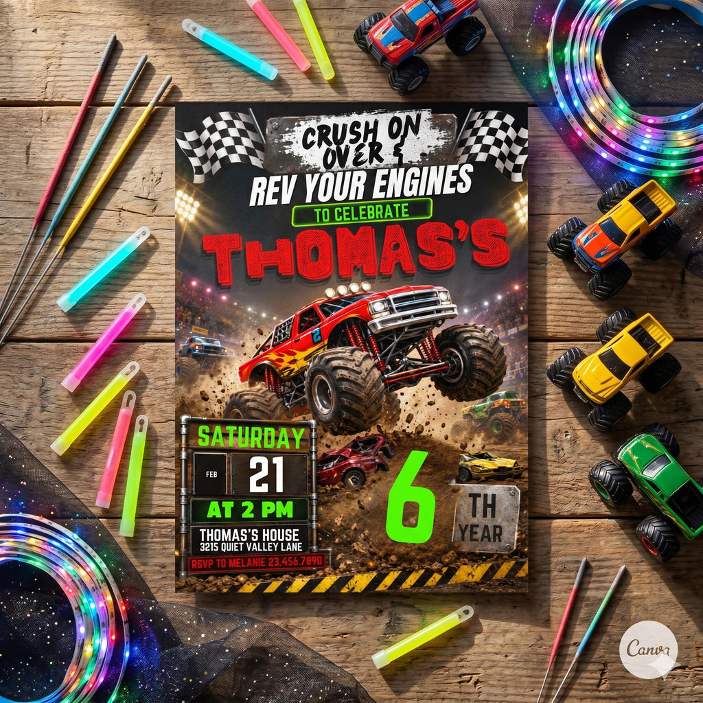 Monster Truck Birthday Invitation, Editable Boom Crash Monster, Bash Printable Invite, Trucks Birthday Template Boys Jam, any age, Canva
