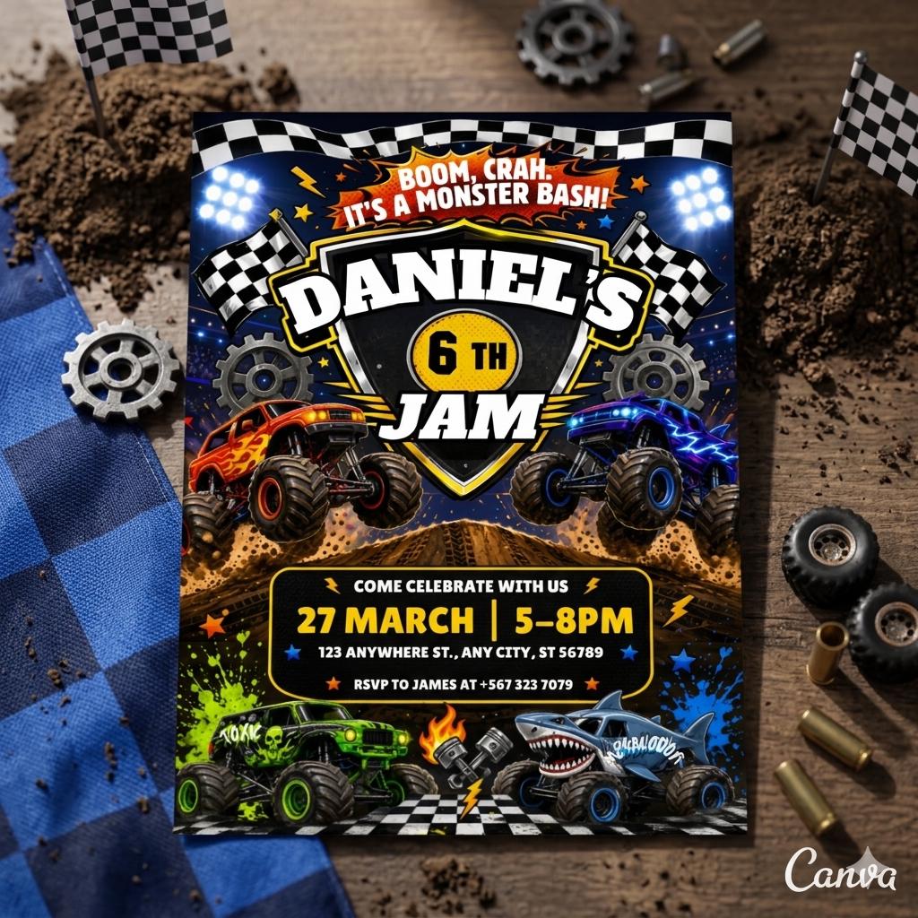 Monster Truck Birthday Invitation, Editable Boom Crash Monster, Bash Printable Invite, Trucks Birthday Template Boys Jam, any age, Canva
