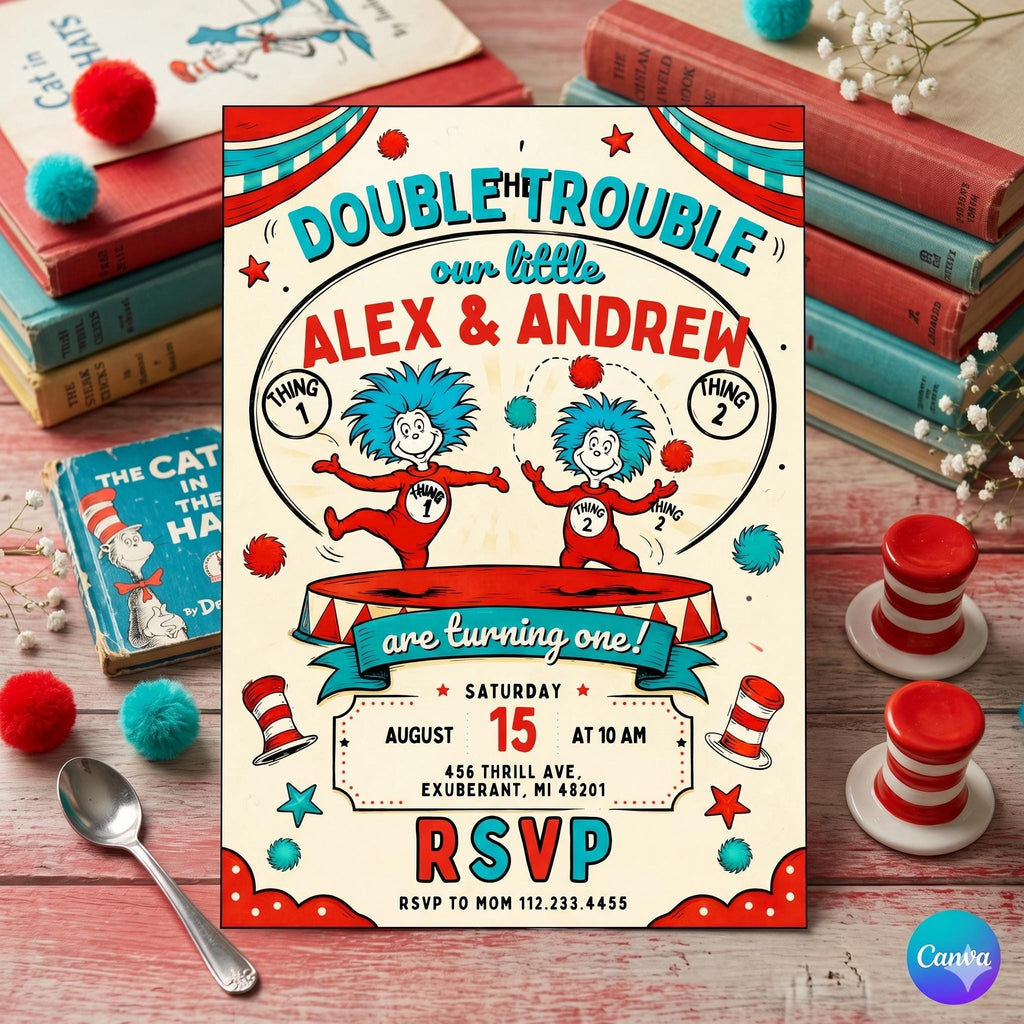 Dr Seuss Twins Birthday Invitation, Editable Fairytale Party Invite (Digital)