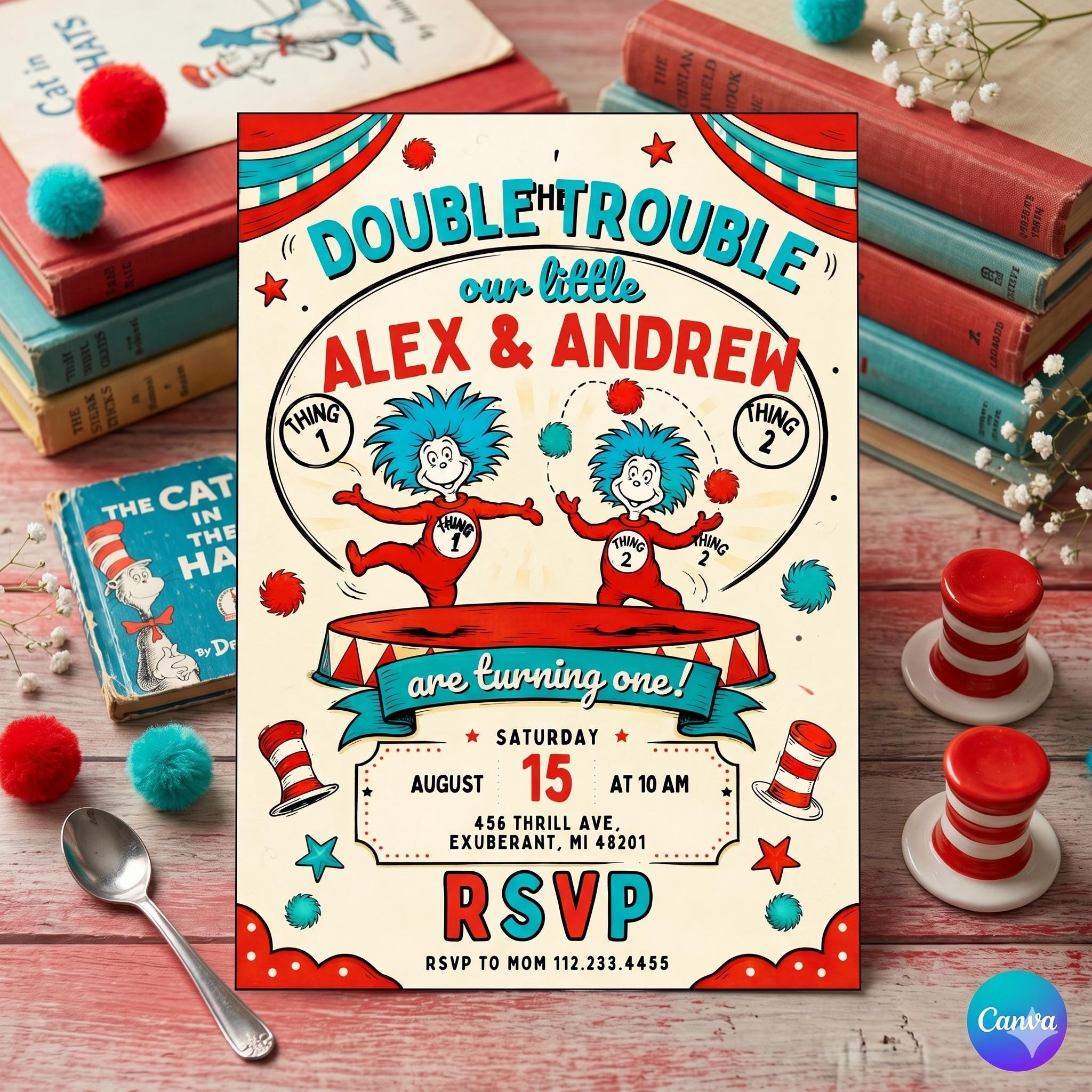 Dr Seuss Twins Birthday Invitation, Editable Fairytale Party Invite (Digital)