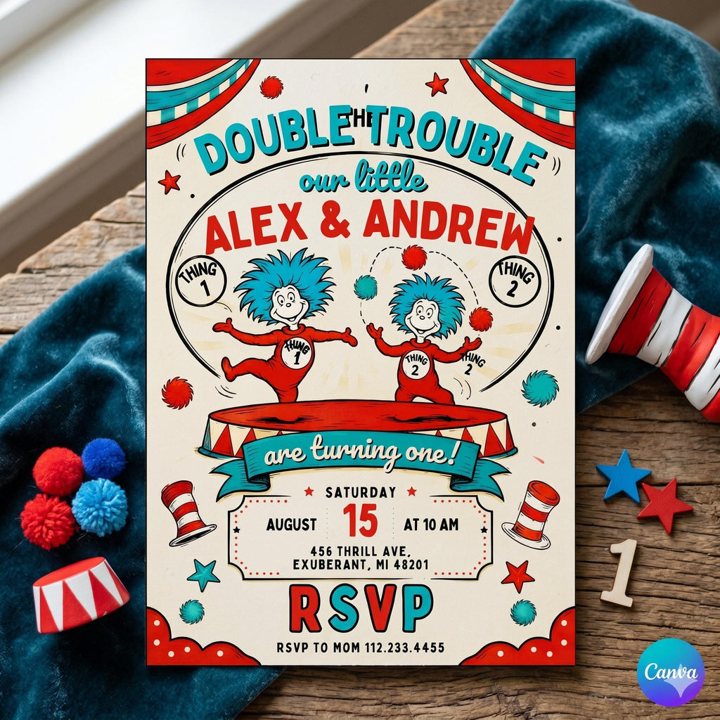 Dr Seuss Twins Birthday Invitation, Editable Fairytale Party Invite (Digital)