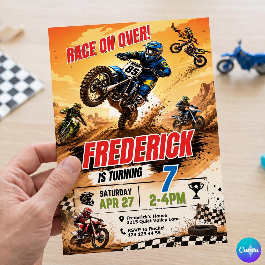 Motocross Birthday Invitation Template, Editable Canva Motocross Party Invite for Kids, Dirt Bike Birthday Theme, Editable Canva Template