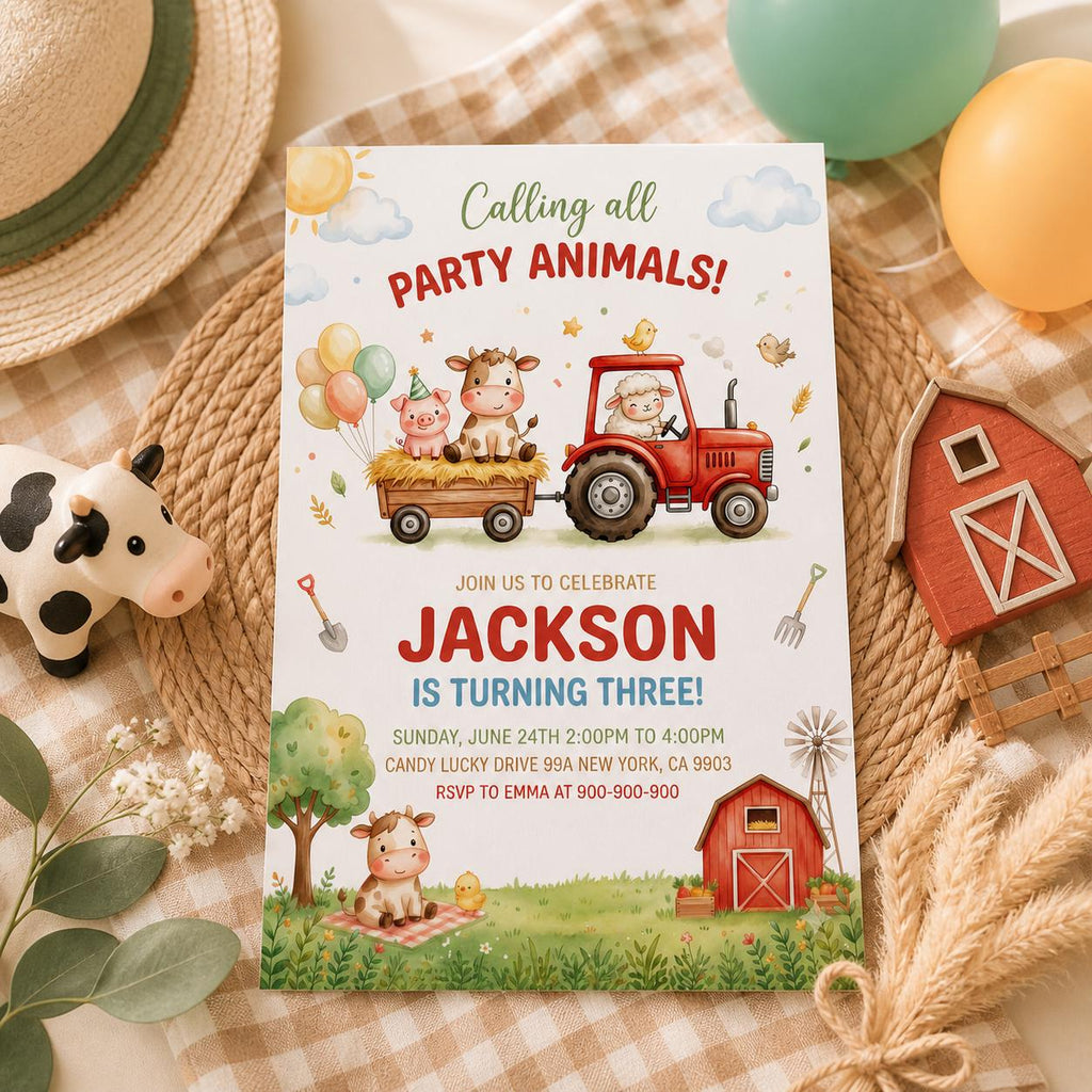 Farm Animals Birthday Invitation, Kids Ranch Party (5x7 Canva Template)