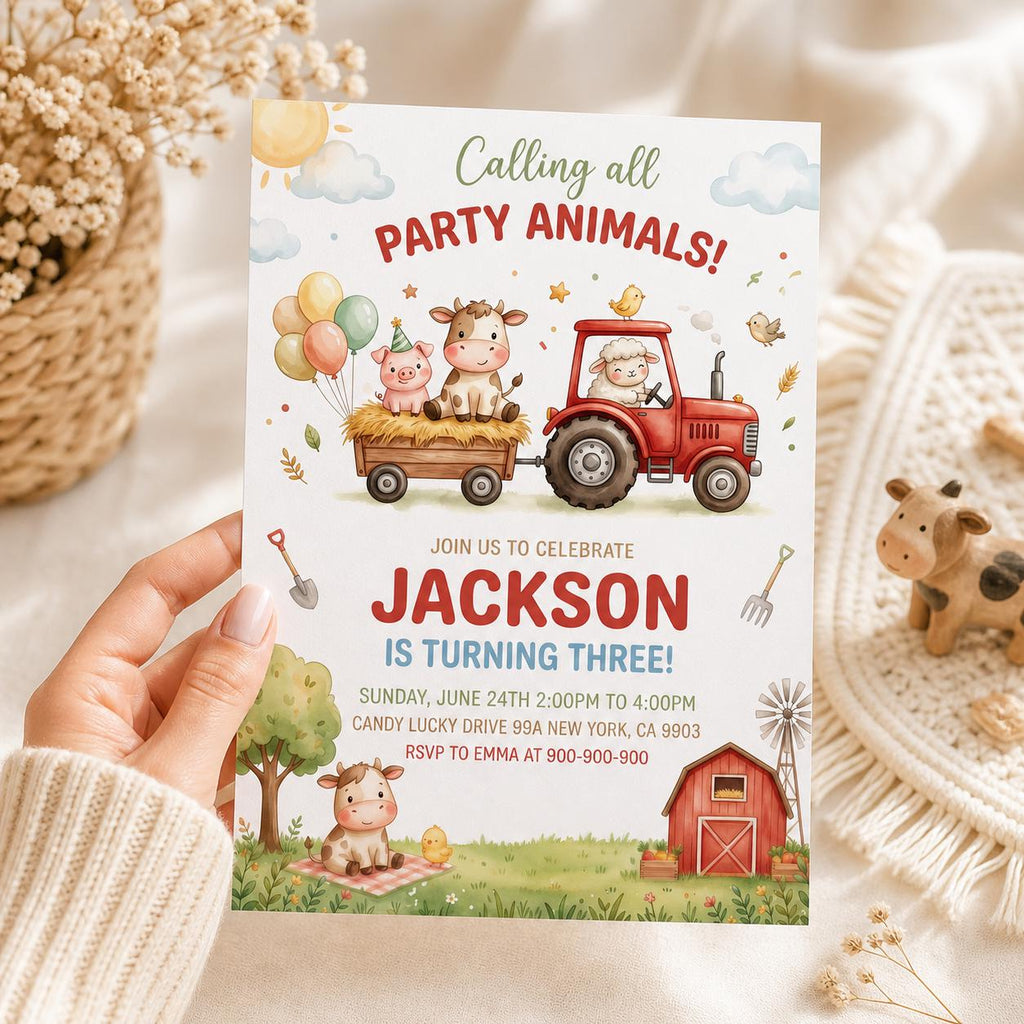 Farm Animals Birthday Invitation, Kids Ranch Party (5x7 Canva Template)