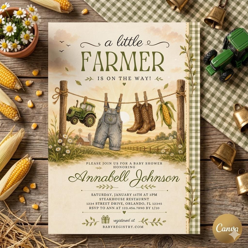 Little Farmer Baby Shower Invitation – A Little Farmer is on the Way, Farming Baby Shower Invite (Digital Download)