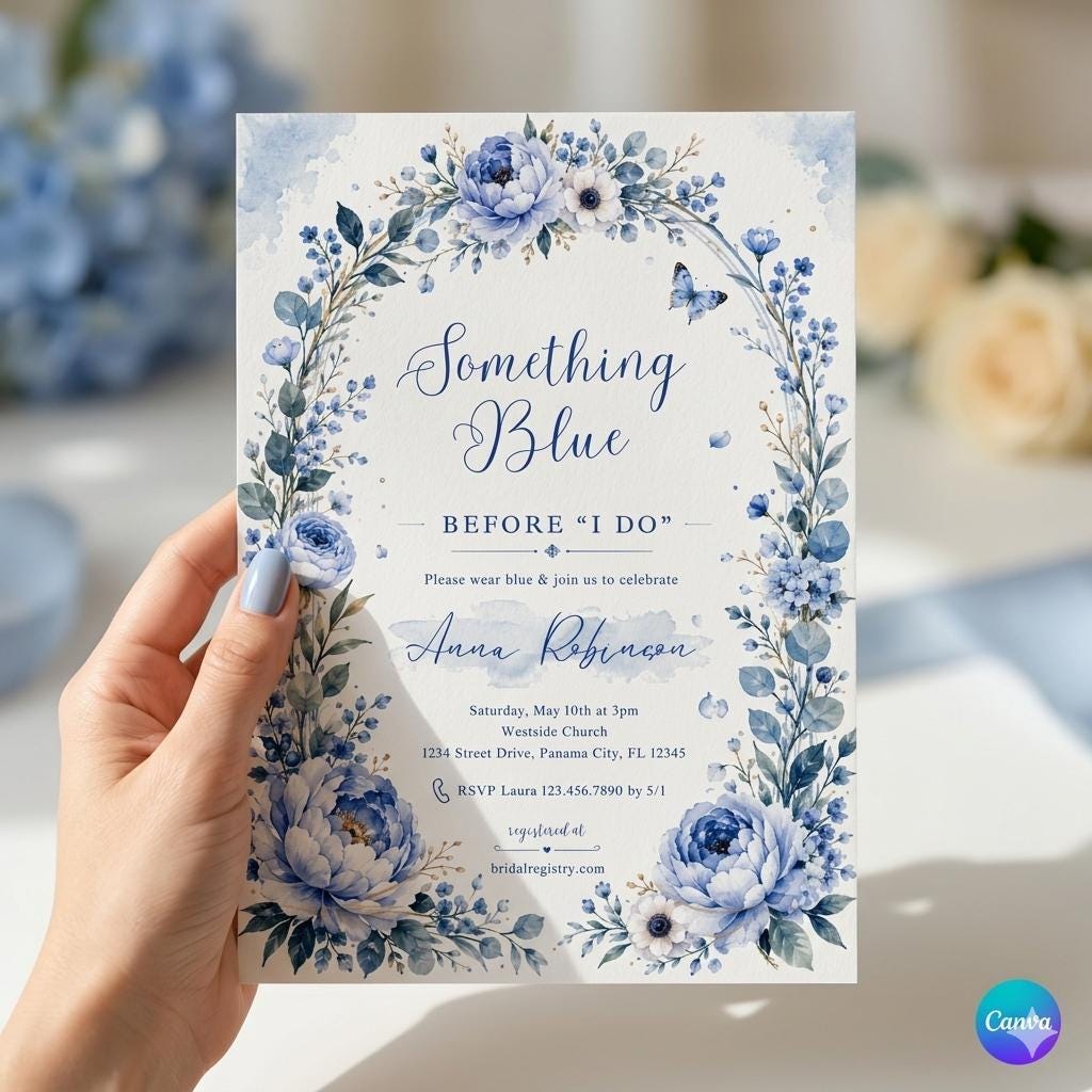 Blue Floral Bridal Shower , Something Blue Before I Do Bridal Shower Invitation (Digital Download)