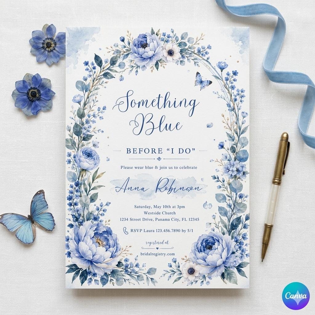 Blue Floral Bridal Shower , Something Blue Before I Do Bridal Shower Invitation (Digital Download)