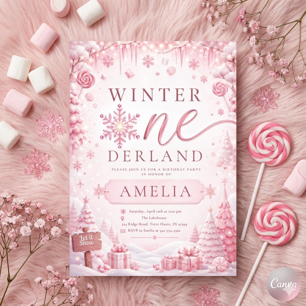 Winter Wonderland Birthday Invitation: Pink Winter , Winter ONEderland Invite , Winter Woodland First Birthday Invite (Digital Download)