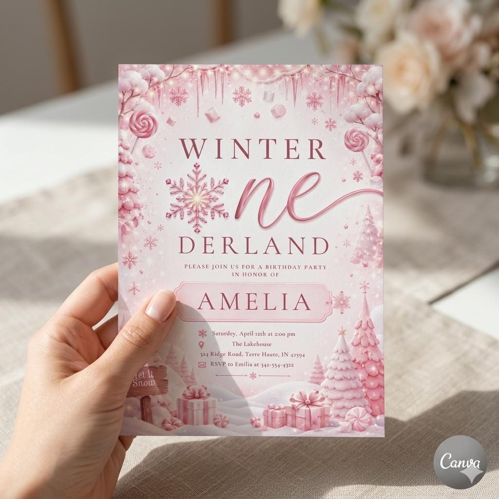 Winter Wonderland Birthday Invitation: Pink Winter , Winter ONEderland Invite , Winter Woodland First Birthday Invite (Digital Download)