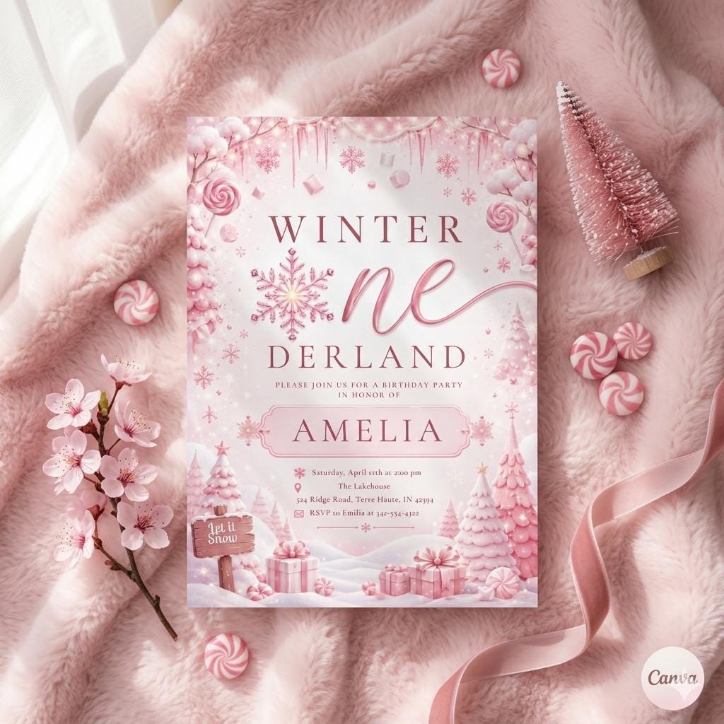 Winter Wonderland Birthday Invitation: Pink Winter , Winter ONEderland Invite , Winter Woodland First Birthday Invite (Digital Download)