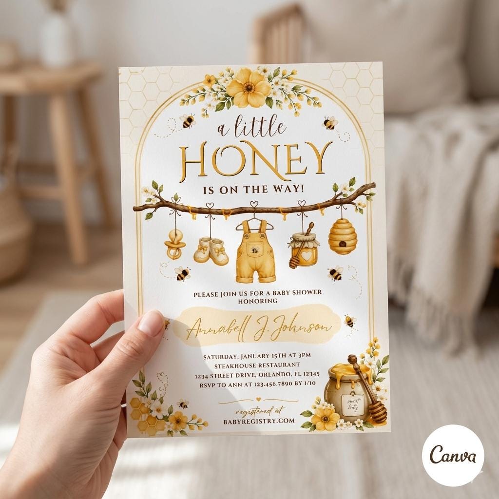 Bee Baby Shower Invitation, A Little Honey Is On The Way Invitation Baby Shower Invitation, Instant Editable Template(Digital Download)