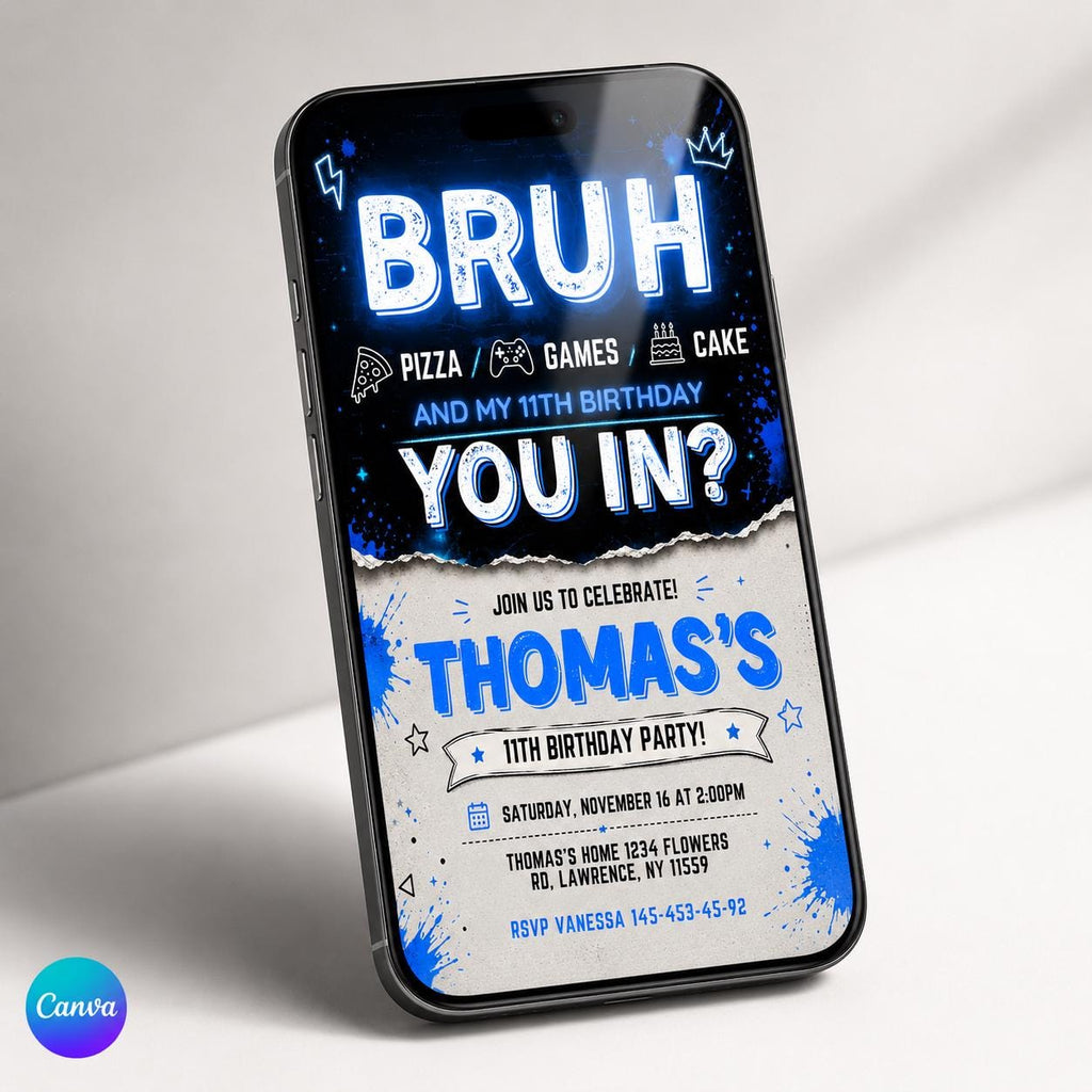 Printable Bruh birthday invitation, Gamer boy bday invite, teenager birthday, Bruh It's My Birthday invite template, teens party, Bro Dude