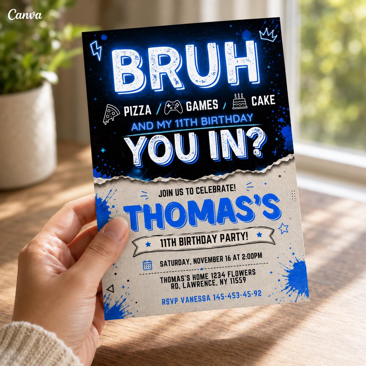 Printable Bruh birthday invitation, Gamer boy bday invite, teenager birthday, Bruh It's My Birthday invite template, teens party, Bro Dude