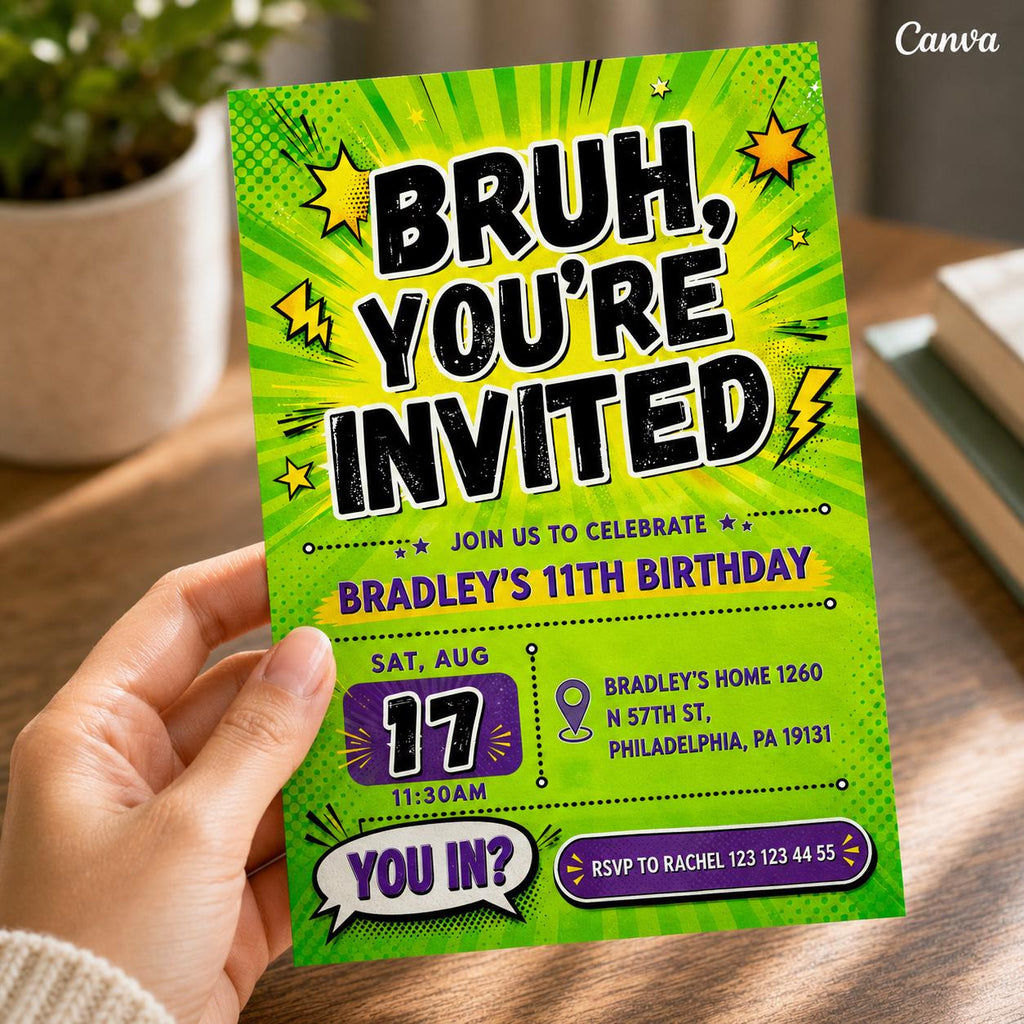 Printable Bruh birthday invitation, Gamer boy bday invite, teenager birthday, Bruh It's My Birthday invite template, teens party, Bro Dude