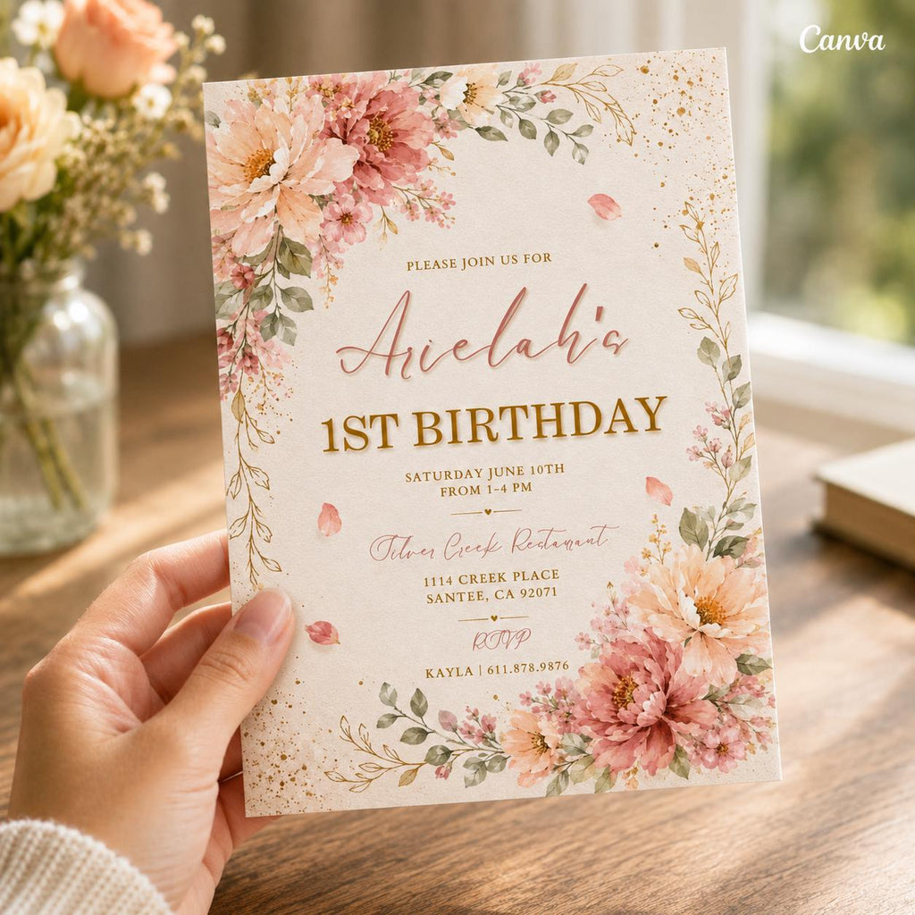 Floral First Birthday Invitation | Editable Garden Floral Invite|Printable Wildflower 1st Birthday | Girls Birthday Invitation Template , A4