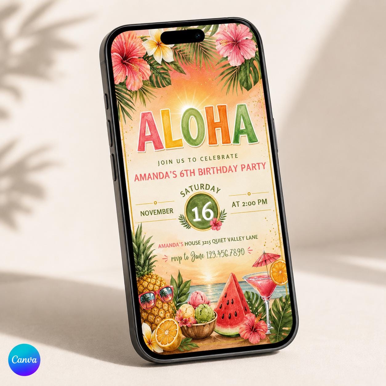 Aloha party invitation, Luau birthday, printable editable girl invite template, Pineapple invitation, Tropical Hawaii party