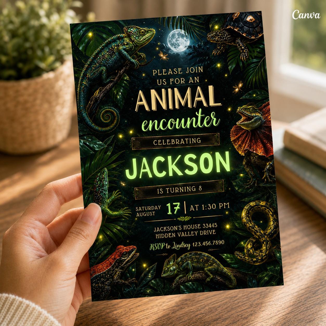 Reptile Birthday Invitation, Lizard Snake Theme , Printable reptile invitation, Birthday Invite (Editable Canva Template)