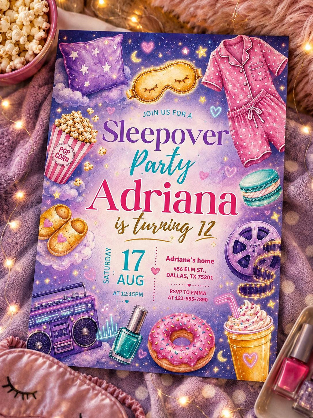Sleepover Birthday Invitation, Slumber Party Invite Girls, Pajama Party Digital Card, Tween Sleepover Editable, Printable Sleepover Evite