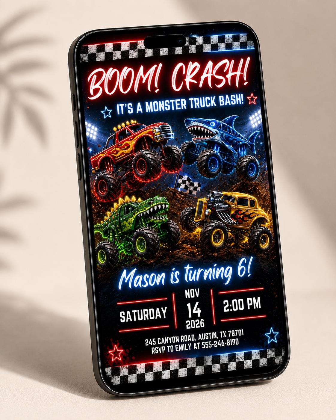 Monster Truck Birthday Invitation, Editable Boom Crash Monster, Bash Printable Invite, Trucks Birthday Template Boys Jam, any age, Canva