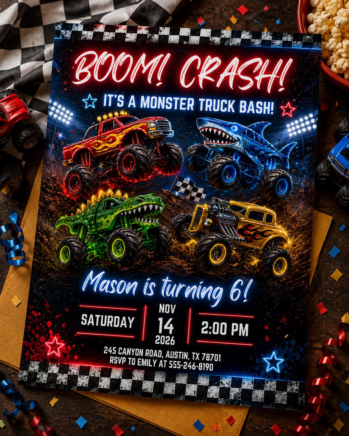 Monster Truck Birthday Invitation, Editable Boom Crash Monster, Bash Printable Invite, Trucks Birthday Template Boys Jam, any age, Canva